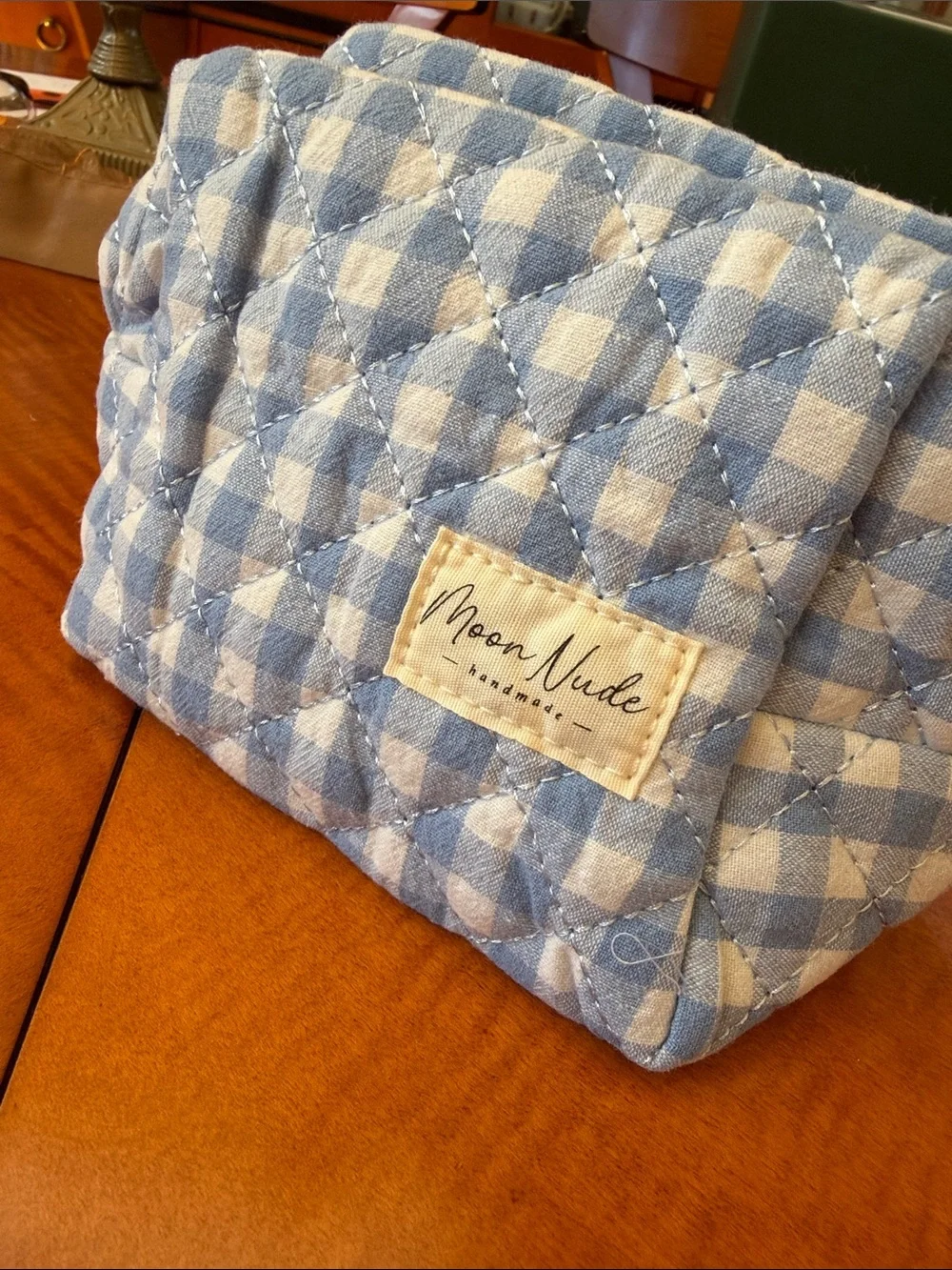 Moon Nude Light Blue Gingham Quilted Cosmetic Bag
